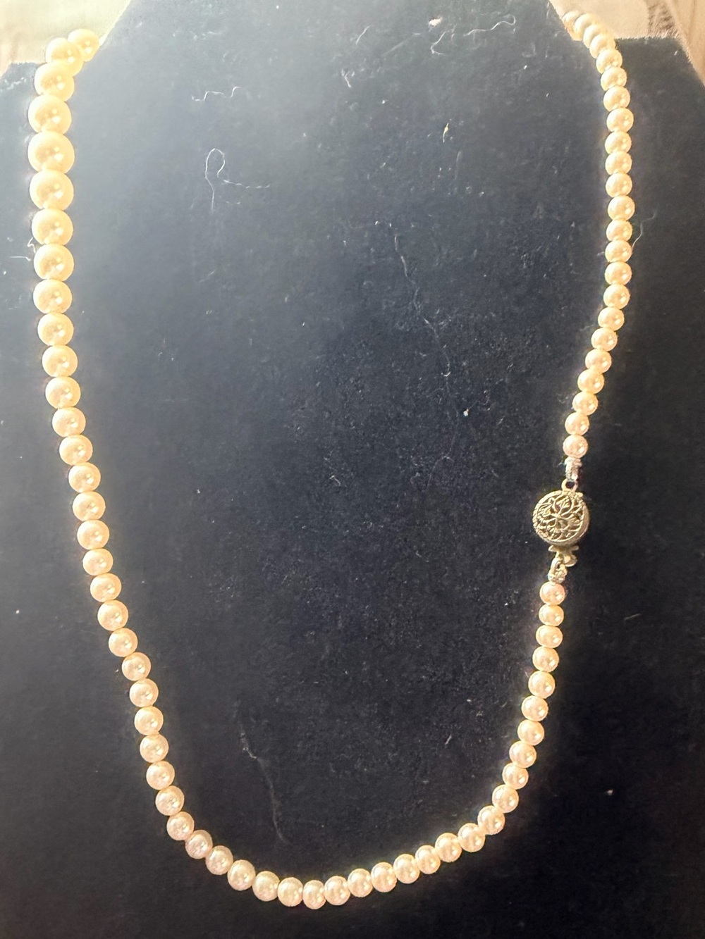 Lustrous Light Gold Pearl Necklace with Filigree Clasp